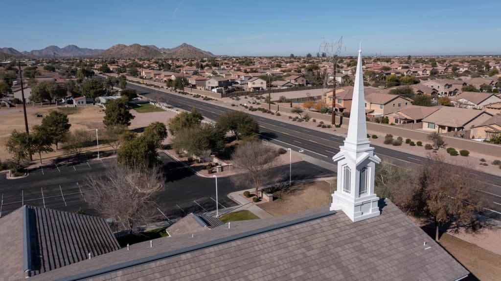 Aerial view of San Tan Valley, AZ with a church steeple.