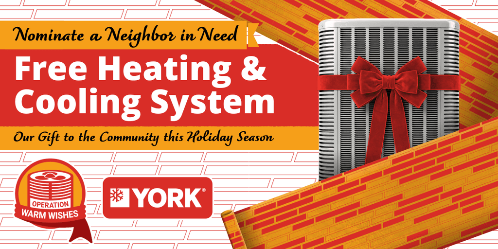 georgebrazil-oww-email-B Holiday-themed banner offering a free heating and cooling system, with the headline 'Free Heating & Cooling System' and subheading about giving to the community this holiday season; right side shows a gift-wrapped appliance and logos for Operation Warm Wishes and YORK.